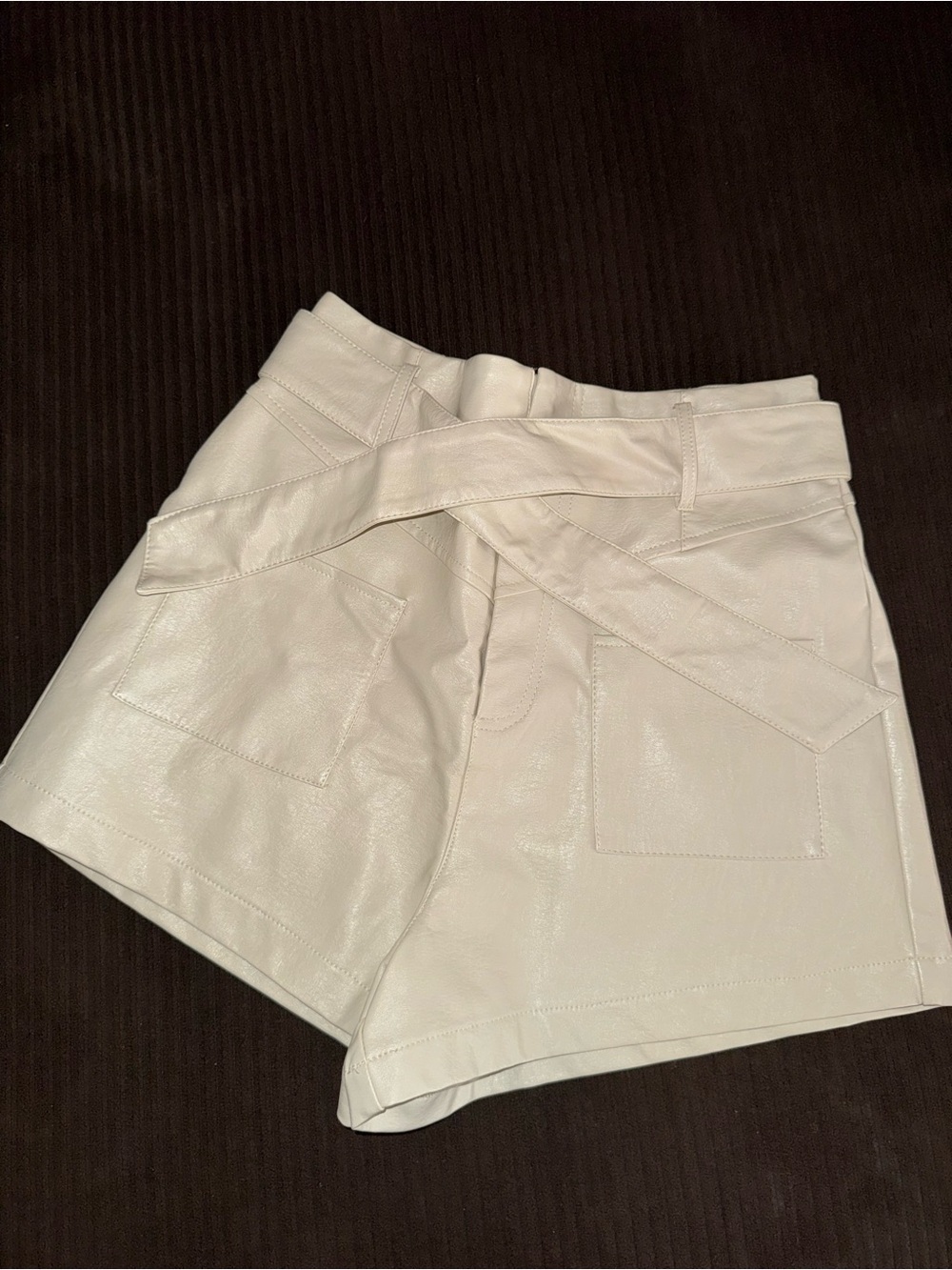 High-Waist Cream Belted Women's Leather Shorts